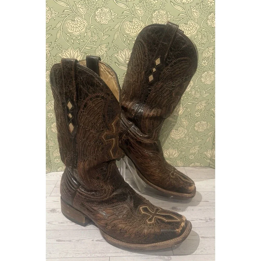 Corral Mens 7.5D A1978 Wing & Cross Brown Cracked Leather Boots Square Toe